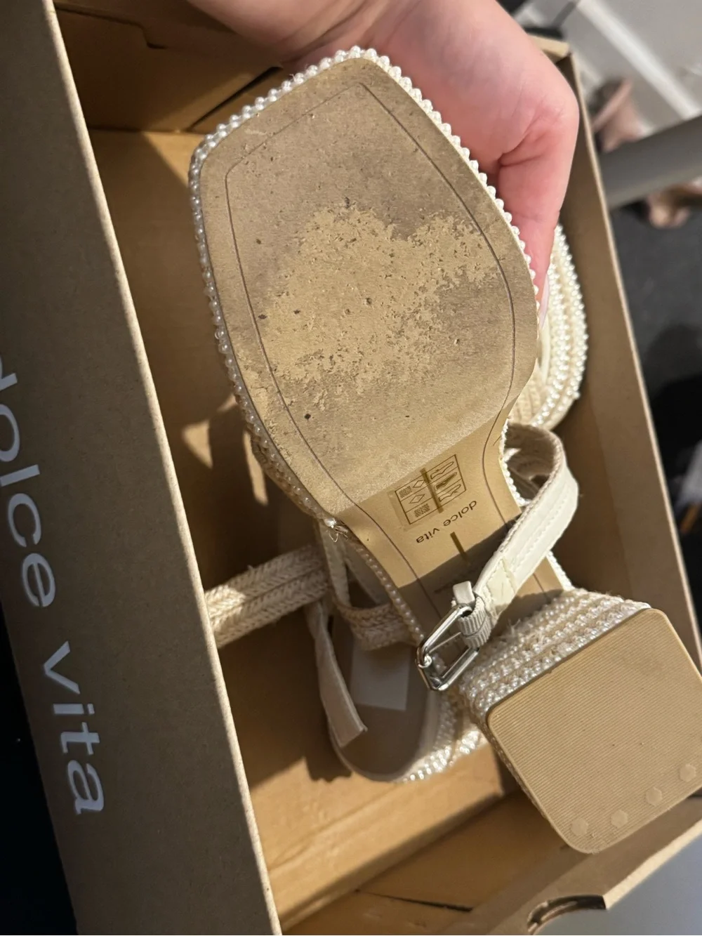Dolce Vita Anira Pearl Cream Beaded Espadrille Wedge Sandals